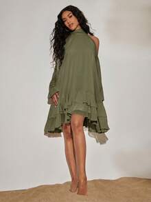Opulessa Spring/Summer Vacation Solid Color Woven Style Women's Short Dress - Army Green - View 5