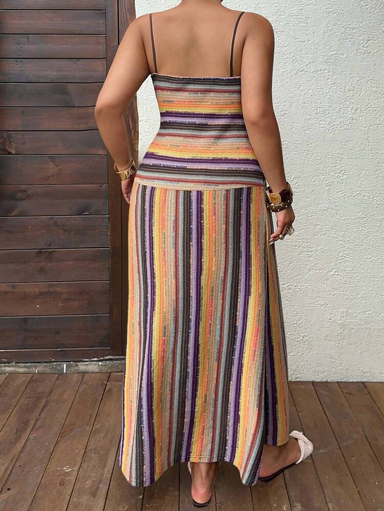 Dazy Plus Plus Size Women's Sleeveless Striped Bodycon Vacation Dress, Colorful Striped Wrap Sexy Midi Dress For Summer Holiday Party