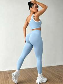 SHEIN Dewbera Seamless One-Shoulder Yoga Tank Top & Butt-Lifting High-Elasticity Women's Sports Set - Baby Blue - View 2