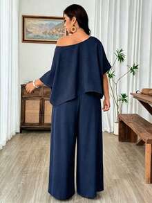Weeklong 大尺碼女款不對稱肩蝙蝠袖短袖上衣與寬腿褲素色兩件套休閒度假成熟舒適春夏季 - 藏蓝色 - 查看 2