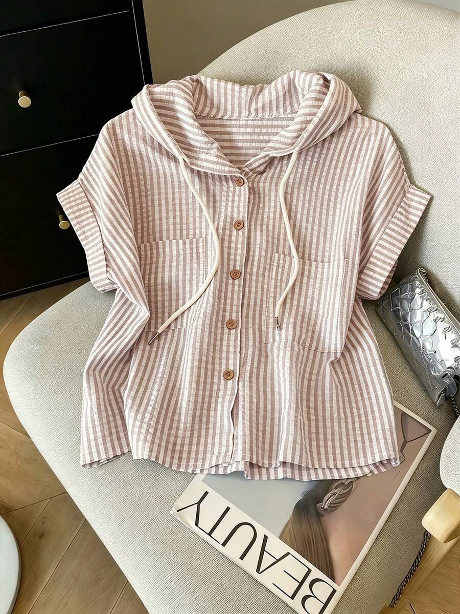GlowEve Women's Summer Casual Versatile Textured Striped Crepe Hooded Open Front Pocket Short Sleeve Shirt - Multicolor - View 1