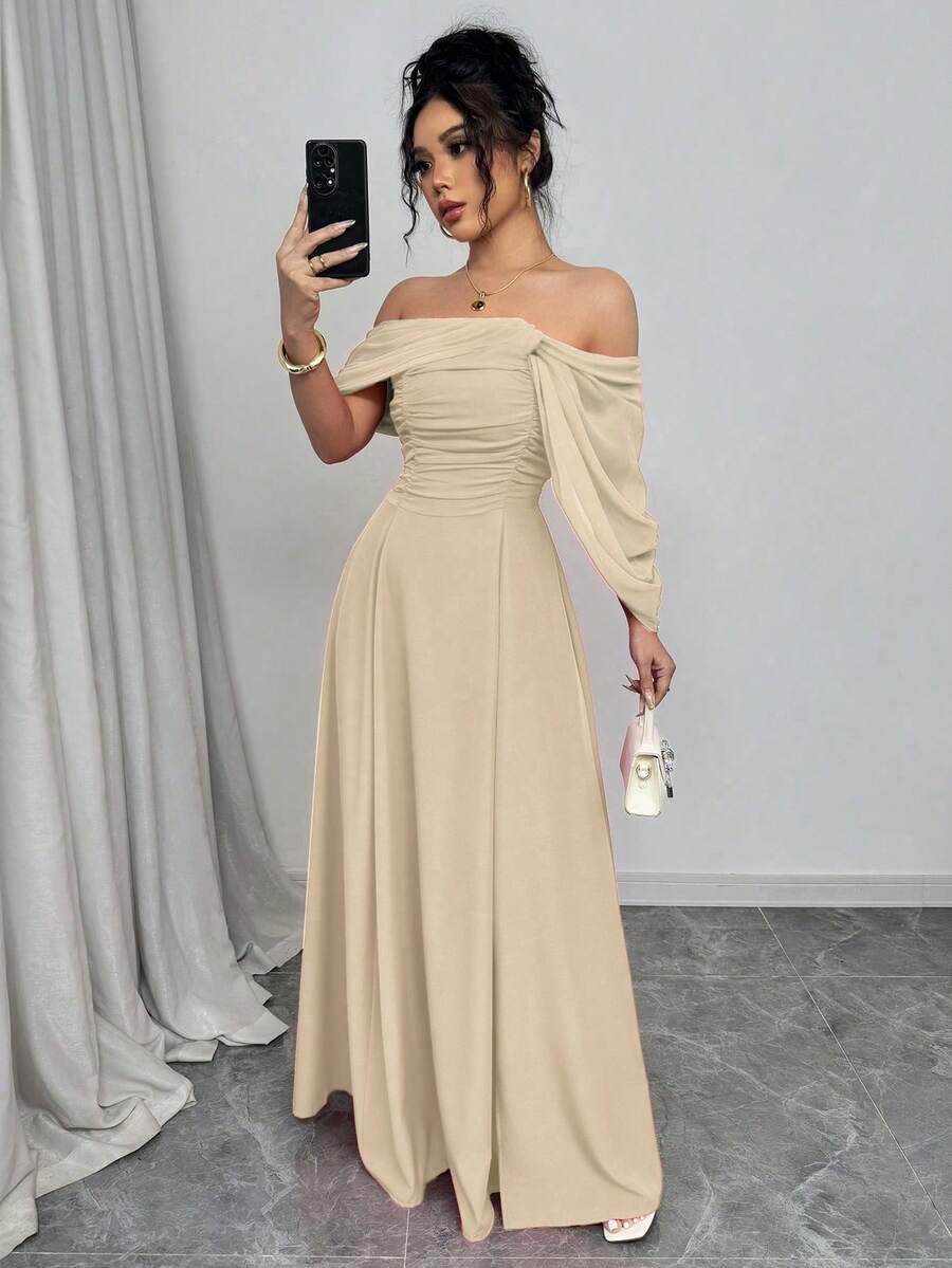 Rafferiza Women's Off Shoulder Ruched Neck Twist Waist Dress With Full Dress - Apricot - View 1