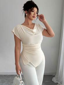 SHEIN Clasi Damen Große Größen elegantes Top mit gerafftem Ausschnitt, asymmetrischem Saum und geraffter Taille, Frühling/Sommer - Aprikosenfarben - Übersicht 5
