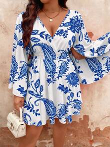 EMERY ROSE Plus Size Women's Spring/Autumn Beach Vacation Style Paisley Print Deep Shirred Flared Sleeve Shirred Waist Dress Fall - Blue and White - View 3