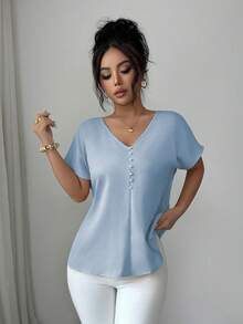 SHEIN Elenzya 女款夏季優雅性感緞面扭結露背珍珠鏈飾肩帶上衣，淺藍色，適合夜晚外出與約會之夜 - 淺藍色 - 查看 6