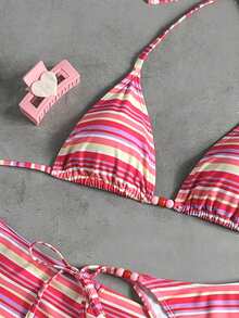 Swim Vcay Bộ đồ bơi nữ 3 món phong cách tối giản thanh lịch lãng mạn gợi cảm ngọt ngào dễ thương thời trang cho mùa hè đi biển nghỉ dưỡng, áo bikini tam giác cổ yếm & quần short nam họa tiết sọc hồng cơ bản đa năng phối trang trí hạt đính tương phản, phù hợp cho bãi biển, khu nghỉ dưỡng, spa, lễ hội âm nhạc, tuần trăng mật và các dịp nghỉ dưỡng thường ngày - Nhiều màu - Xem 4