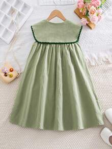 SHEIN Young Girl Pastoral Floral Embroidered Floral Pattern Ruffle Collar Dress, Versatile Floral Pattern Round Neck Ruffle Trim Contrast Color Dress,Girls' Floral Embroidered Dress, Peter Pan Collar, Ruffle Trim, Contrast Color Dress - Mint Green - View 2