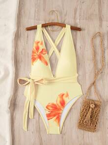 Swim SXY Women's Floral Print Halter One-Piece Swimsuit, Suitable For Beach Vacation, Pool Party, Beach Party - Multicolor - View 4