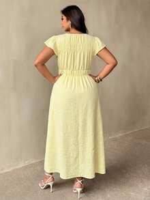 Auralis Đầm tay phồng, size lớn, thanh lịch cho đi làm và đi lại, eo co giãn, gấu xòe, đầm phong cách Pháp lãng mạn thường ngày đi nghỉ dưỡng, đầm vàng phong cách Bohemian thoải mái, nhẹ, có túi, phù hợp cho kỳ nghỉ bãi biển - Màu vàng - Xem 3