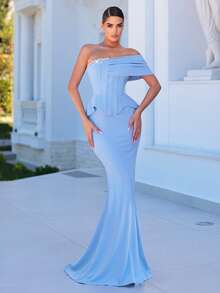 Glamrae Elegant Light Blue Strapless Off-The-Shoulder Dress Featuring Handcrafted Pearl Rhinestone Chain Two-Piece Silhouette Fishtail Train Evening Gown - Purple - View 6