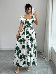 SHEIN Elenzya 女款花卉玫瑰圖案方領收腰A字版型泡泡袖優雅休閒度假通勤時尚情人節約會法式街頭復古百搭派對白色底紅玫瑰圖案早春/春夏短袖新款中長洋裝 - 彩色 - 查看 8