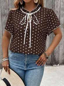 SHEIN Clasi Plus Size Women Polka Dot Pattern Tie Neck Short Sleeve Blouse - Coffee Brown - View 7