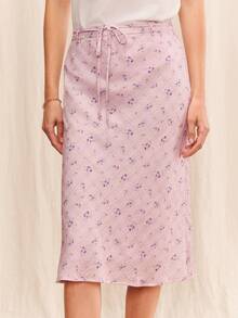 lacRébo Falda midi de rayas lilas con estampado floral y delicado lazo en la cintura, falda casual de negocios para vacaciones de verano - Lila Púrpura - Ver 3