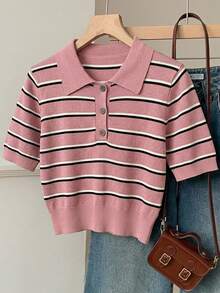 SHEIN EZwear Top de punto a rayas casual para mujer, estilo vintage americano, top de punto universitario americano - Multicolor - Ver 5