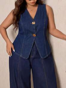 SHEIN Tall CURVE 大码牛仔背心和阔腿裤套装，休闲夏季优雅商务日常女装；大码女式单排扣上衣和阔腿牛仔裤休闲日常两件套，夏季 - 藍色 - 查看 8