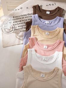 [6 Sets Randomly Sent 2 Sets]Young Girl Autumn/Winter Knit Ribbed Crew Neck Tank Top And Shorts 8-Piece Set Ribbed Fabric Grey Brown Apricot Pink Multicolor Hot-Selling Casual Base Layer Underwear 4 Pieces 2 Sets - Multicolor - View 3