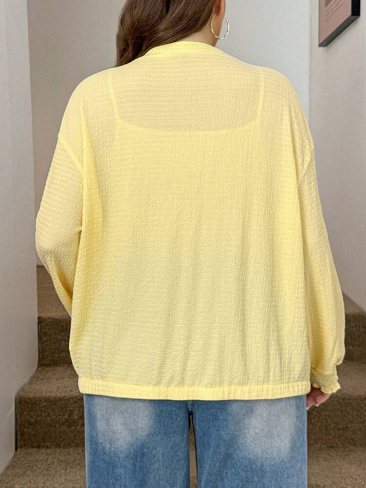 SHEIN LUNE 大尺碼女款素色單排扣V領落肩長袖夾克外套 - 黃色 - 查看 2