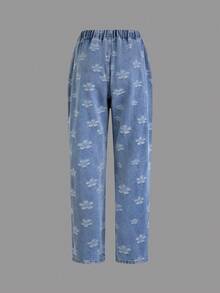 GlowEve Women's Casual Cute Washed Jacquard Denim Jeans Back-To-School Everyday White And Blue Floral Summer - Light Wash - View 3