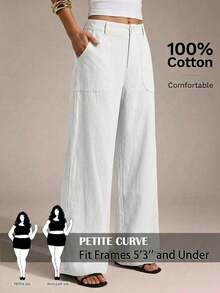 SHEIN PETITE CURVE 大码休闲纯色直筒裤 - 白色 - 查看 2