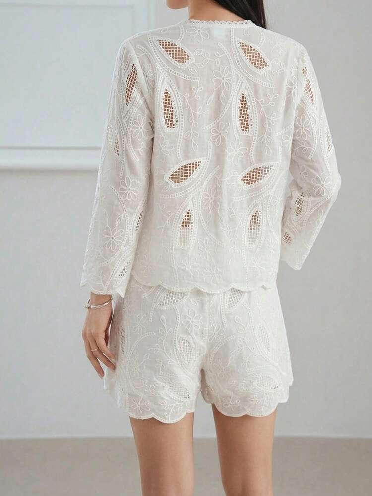 Women's Fashion Casual Embroidered 3/4 Sleeve Top Set, Spring & Summer
