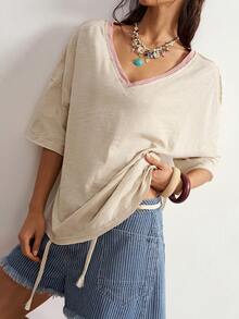 Bohemela Women's Summer Casual Vintage Vacation Basic Versatile Beige 100 Cotton Knit Round Neck Short Sleeve Loose T-Shirt With Lace Applique Letter Detailing - Multicolor - View 5