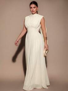 SHEIN BAE CURVE Plus Size Summer Elegant Solid Color Sleeveless Dress,Classy Cream Sleeveless High Neck Long Dress Pleated Detail Perfect For Evening Events - Apricot - View 3