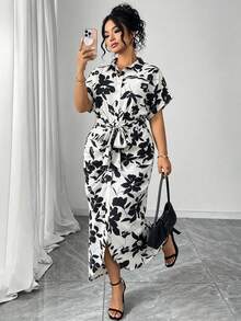 Elenzga Plus Size Black And White Floral Print Cinched Cinched Waist Pleated Midi Shirt Dress - Black and White - View 4