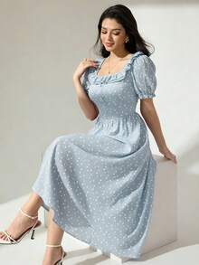 Modelyn 方領荷葉邊腰部短袖泡泡袖波點酒紅色女款中長洋裝 - 淺藍色 - 查看 6