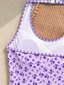 SHEIN 青少年女孩海灘格紋與小碎花掛脖式一件式泳衣，2件組含罩衫短褲與上衣，適合夏季泳池、海灘、衝浪、度假、旅行、假期 - 粉色 - 查看 4