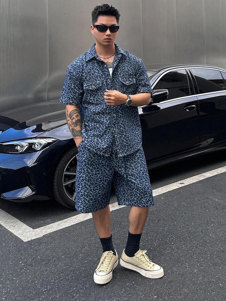 DAZY Washed Denim Short Sleeve Shirt And Shorts Set With Floral Pattern For Men - Blue - View 1