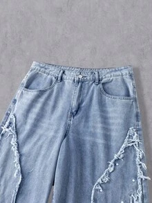 Manfinity Denimwave Quần jean ống rộng unisex phong cách streetwear phối patchwork, đính cánh, gấu sờn - Màu xanh lam - Xem 6
