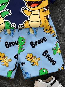 Baby Boy Casual Simple T-Shirt Set Suitable For Summer, Classic Cute Cartoon Dinosaur Pattern Print, - Multicolor - View 6
