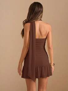 SHEIN BAE Women's Solid Brown Strapless Ruffle Hem Mini Dress, Dress Night Out Summer - Brown - View 2