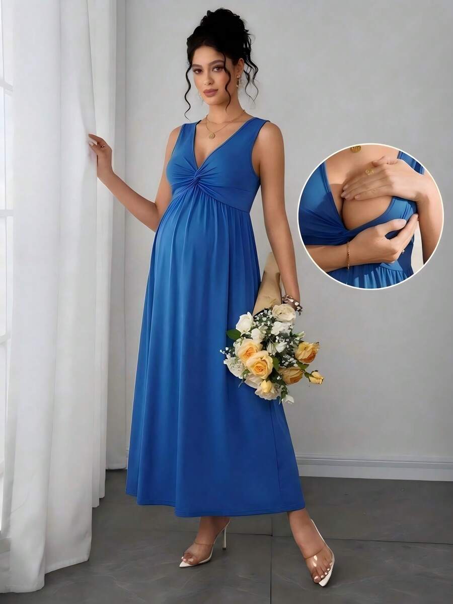 Momance Comfortable Solid Color Sleeveless Summer Nursing Dress - Royal Blue - View 1