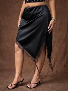 Rustia Plus Size Spring/Summer Elegant Contrast Lace Slit Skirt - Black - View 1