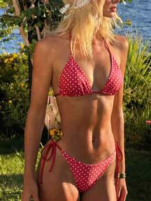 Swim Mod Bộ bikini hai mảnh cổ yếm buộc dây bên hông in chấm bi đen dành cho nữ, bộ sưu tập Xuân/Hè 2026. - Đỏ - Xem 1