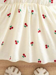 SHEIN Newborn Baby Girl Casual Vacation Cute Cherry Flutter Sleeve Dress - Beige - View 6
