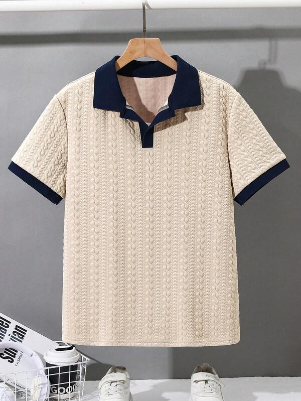 SHEIN Camisa polo de manga corta casual para adolescentes y niños con color de contraste, camisa polo de punto para niños, camisa polo de color crema, camisa de punto con cuello en V para niños, suéter polo de manga corta para niños, camisa polo con textura para niños, estilo Old Money