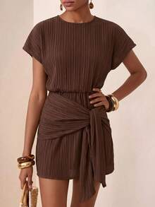 Zivah Women's Solid Color Pleated Casual Party Short Dress - Brown - View 7