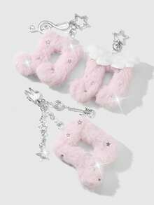 ROMWE Kawaii 1個甜粉色星星音符翅膀水鑽吉他魚蛋糕DIY鑰匙圈包包掛飾，適合女性與女孩日常配戴，節日禮物 - 粉色 - 查看 1