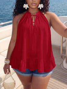 Slaydiva Elegant Red Halter Neck Ruffle Hem Tank Top For Women, Stylish Sleeveless A-Line Camisole For Spring And Summer, Minimalist Casual Vacation Outing - Red - View 4