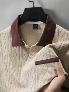 EGENSIO Men's Knitted Jacquard Solid Color Textured Apricot Texture Pattern Deep Brown Ribbed Collar And Cuffs Ribbed Two-Button White Button Polo Shirt - Apricot - View 5