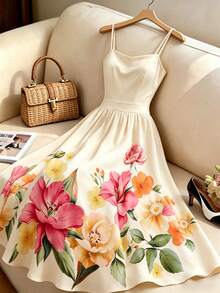 Franclia Vestido largo con decoración floral, escote cuadrado y tirantes finos, cintura ceñida, para mujer. Vestido maxi para playa, resort, vacaciones, verano, fiesta, estampado floral. Vestido elegante midi para mujer. - Multicolor - Ver 1