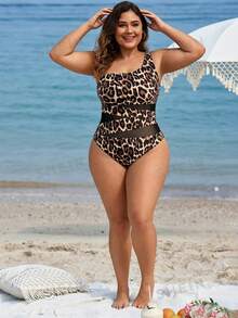 Swim Lushoire Plus Size Summer Vacation Beach Vacation Sexy Leopard Print Contrast Mesh One Shoulder One-Piece Swimsuit Beige - Multicolor - View 5