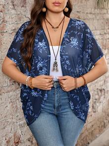 EMERY ROSE Plus Size Vacation Solid Color Asymmetric Hem Batwing Sleeve Casual Jacket,Spring/Summer - Multicolor - View 1