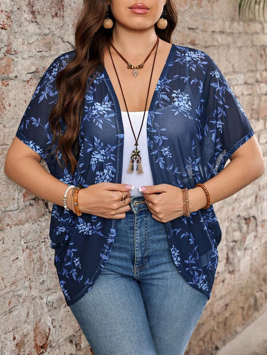 EMERY ROSE Plus Size Vacation Solid Color Asymmetric Hem Batwing Sleeve Casual Jacket,Spring/Summer - Multicolor - View 1