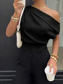 Firerie Women's Elegant Sexy Asymmetric Neck Top, Suitable For Valentine's Day And Summer Wear, New Arrival For Spring/Summer, Commute Going Out, Office - Black - View 2