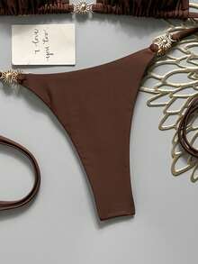 Swim Mod Women's Solid Color Halter Tie Metallic Bikini Set, Spring/Summer - Brown - View 5
