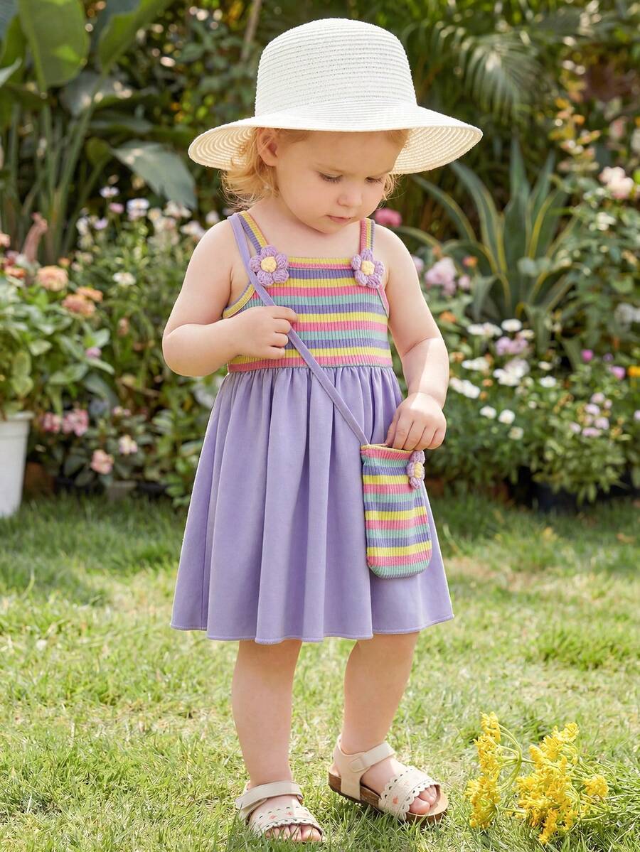 SHEIN Vintaside Kids 女嬰夏季橘色與白色甜美清新花卉裝飾細肩帶洋裝，附配套小斜背包，寬鬆裙擺版型，適合日常出遊、休閒旅行、家庭聚會、夏季野餐