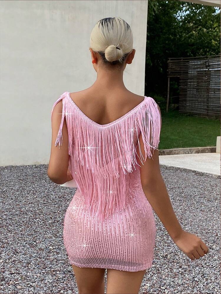 Short Sleeveless V-Neck Tassel Nightgown, Pink, Summer Loungewear Dress For Women